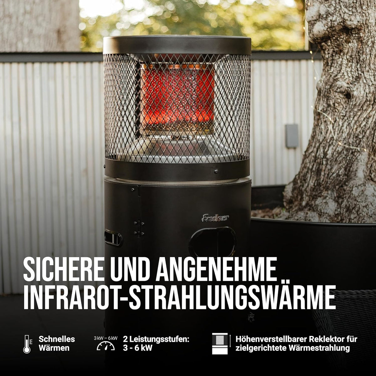 Enders® Terrassenheizer Polo Black 2.0, Gas-Heizstrahler, Terrassenstrahler mit stufenloser Regulierung 3-6kW, Edelstahlbrenner, ENDUR Reflexionssystem, Transporträder, Umkippsicherung, schwarz #5462