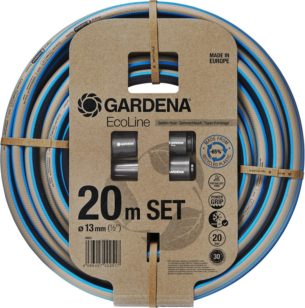 Gardena EcoLine Schlauch 1/2 Zoll, 20m mit Systemteilen: Nachhaltiger Gartenschlauch aus recyceltem Plastik, Phthalat- und schadstoffrei, Power-Grip-Funktion, frostsicher und UV-beständig (18931-20)