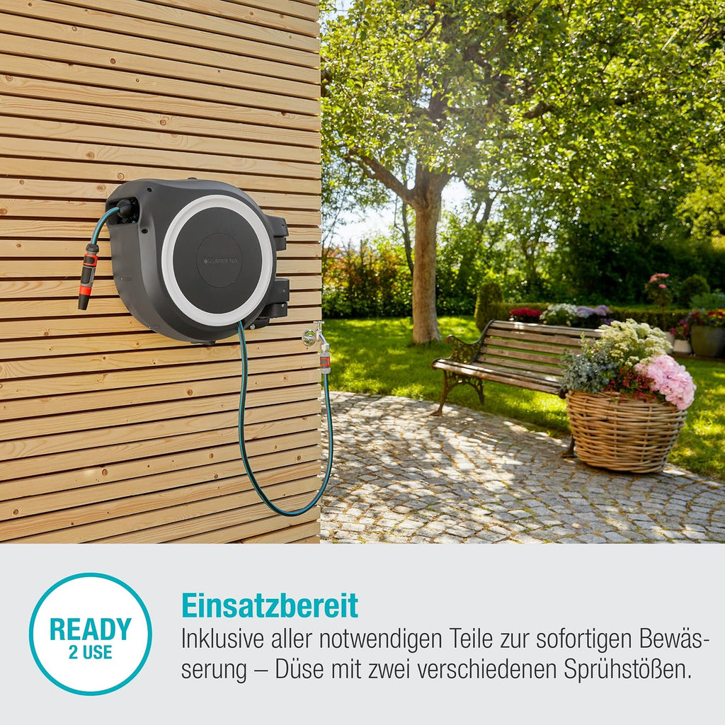 Gardena Wand-Schlauchbox RollUp XL 35 m Exklusiv für Amazon: flexible Bewässerung für große Gärten, Schwenkbare Schlauchbox, inkl. 35 m Qualitätsschlauch mit Brause & Reinigungsspritze (18632-60)
