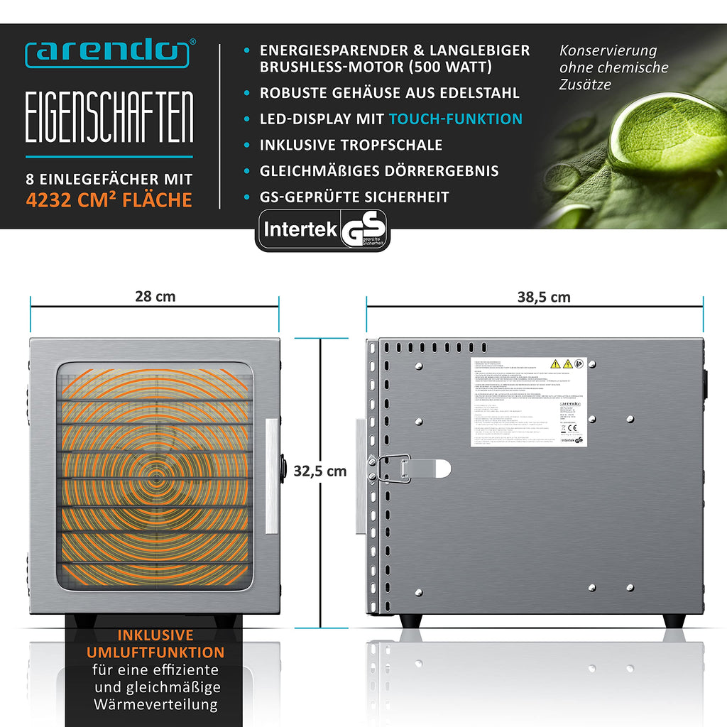 Arendo - Stainless steel dehydrator 8-fold - 500 watts with temperature control - dehydrator for food meat fruits fruit mushrooms - timer up to 24 hours - 8 compartments - GS - dehydratoro