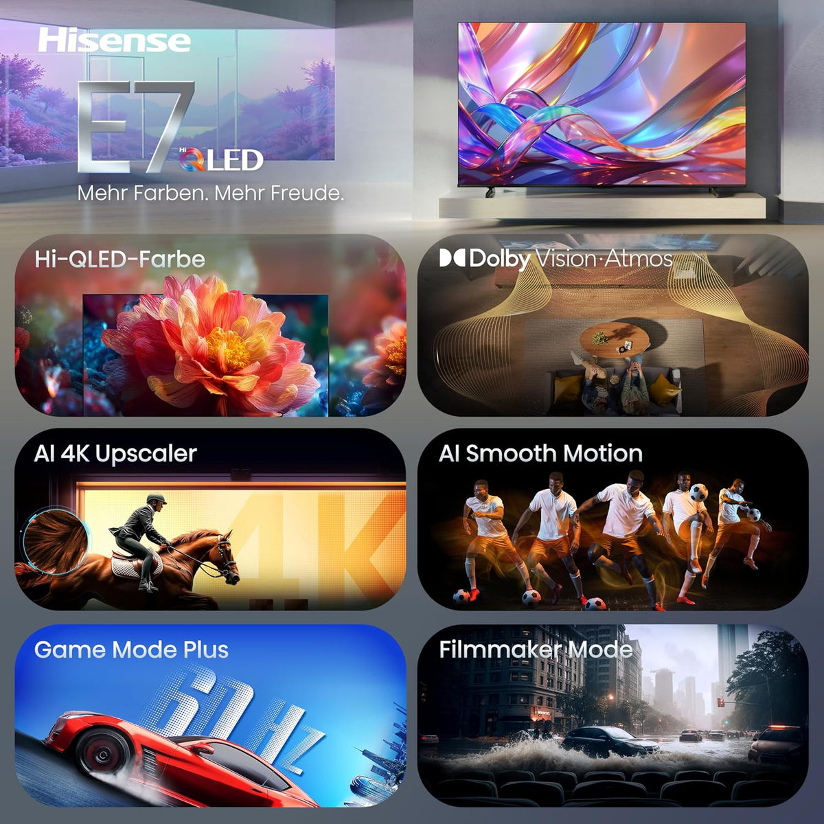 Hisense 43E7DS Fernseher 43 Zoll, 4K UHD QLED, Smart TV, Hi View AI Engine, 60Hz Game Mode Plus, Dolby Vision IQ, QLED Colour, Filmmaker, Smooth Motion, Airplay, Sprachsteuerung, 2026