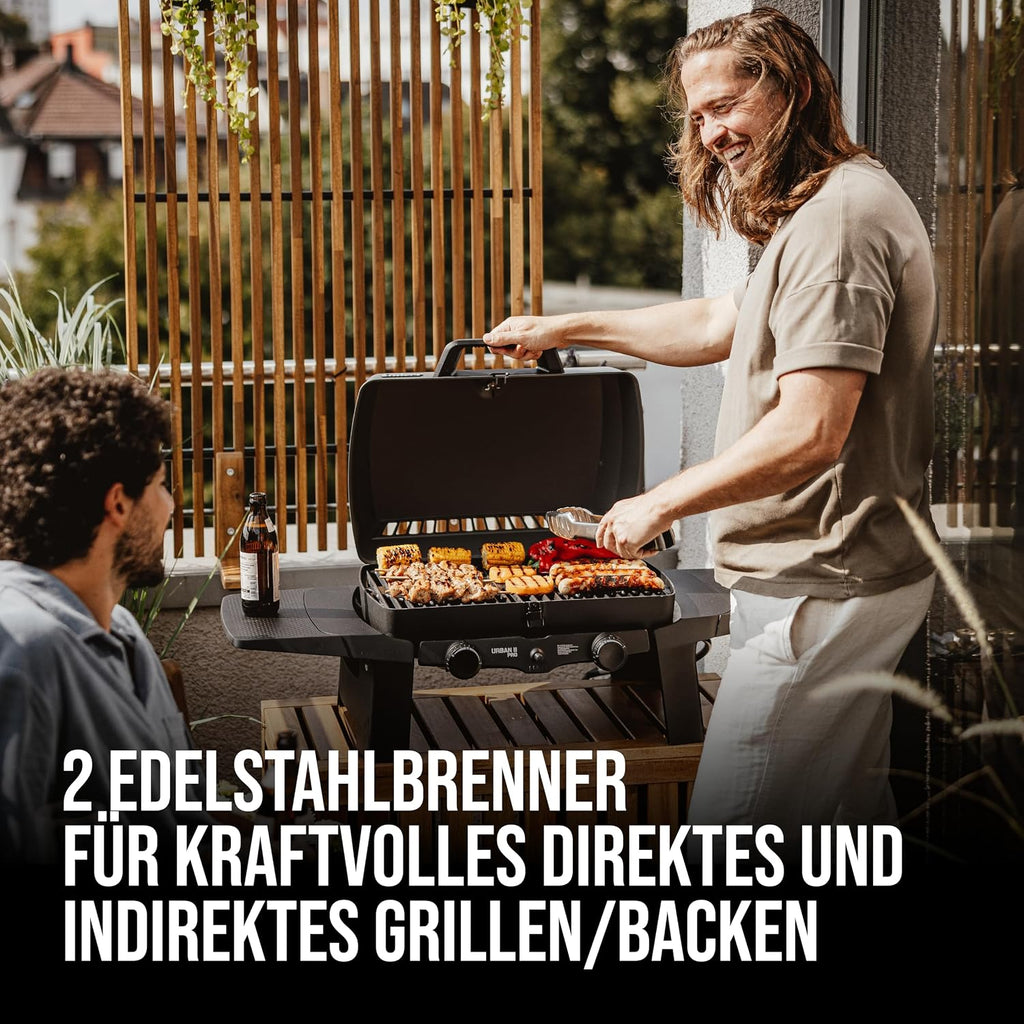 Enders® Gasgrill Urban II Pro, Tischgrill, Grillen-, Kochen- und Backen Funktion, 2 Brenner Edelstahl, mit Grill-Thermometer, Balkon-, Camping-Grill, Aluguss-Gehäuse, Gusseisen-Rost, #2062
