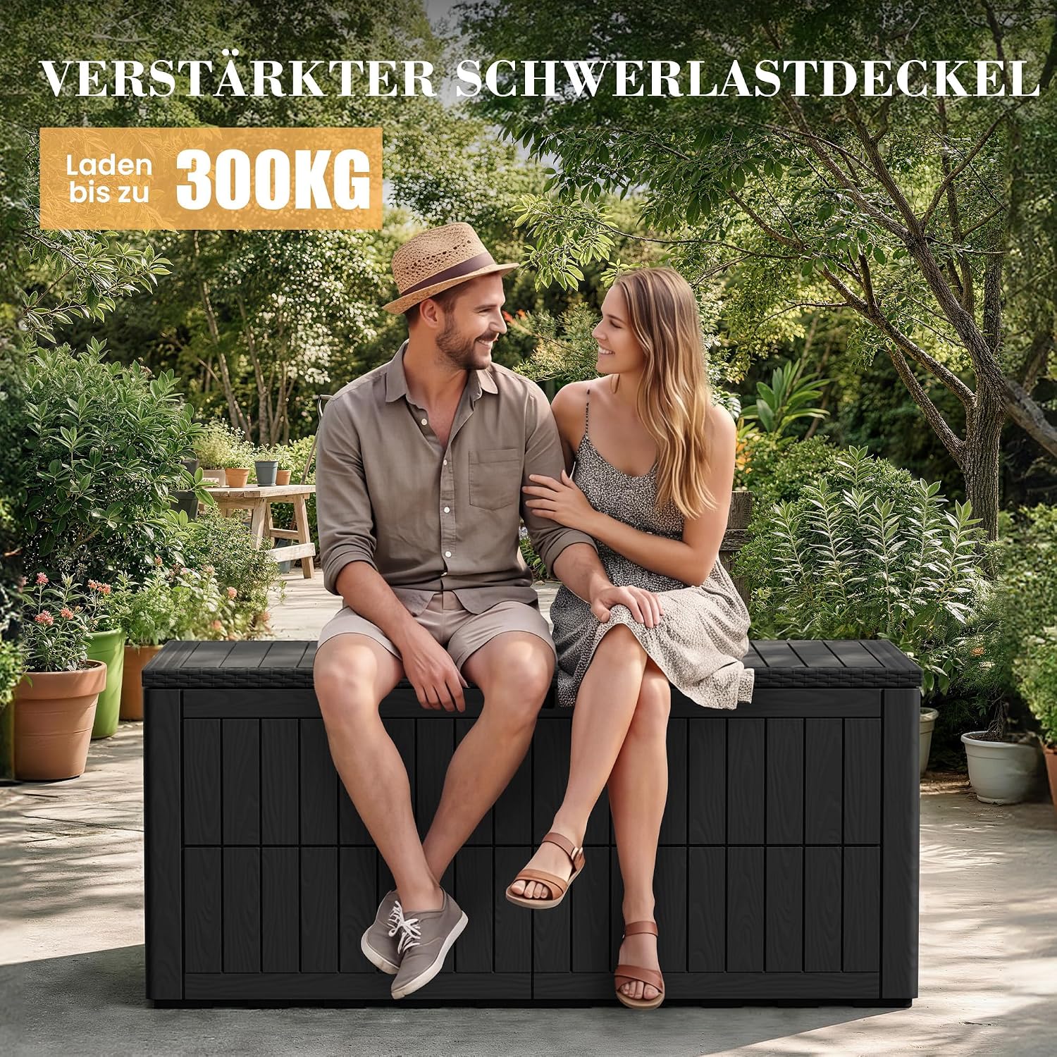 Amopatio Auflagenbox 680 Liter, Gartenbox XXL Wasserdicht aus Resin, Kissenbox für Balkon, Garten & Terrasse, Aufbewahrungsbox Wetterfeste mit Gasdruckfeder, Schwarz
