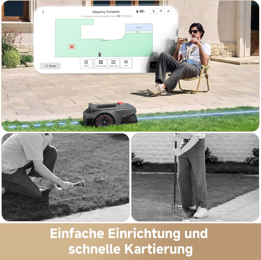 MOVA ViAX 250 Mähroboter mit Garage, Empf. 250m², KI-unterstützte Mapping, U-förmige Bahnen, Hindernisvermeidung Dual-Vision, Besserer Kantenschnitt, Für Komplexe Gelände, Appsteuerung
