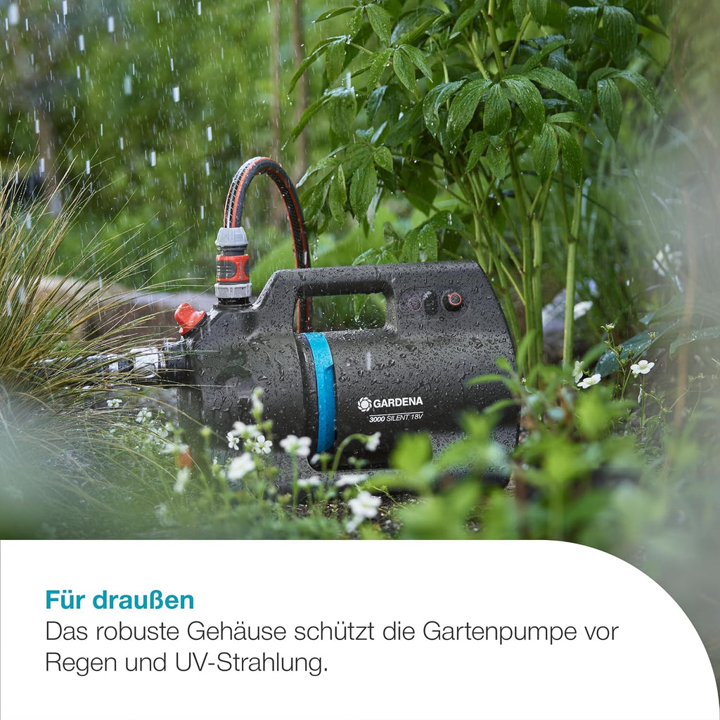 Gardena Akku-Gartenpumpe 3000 Silent 18V P4A Ready-To-Use Set: Leistungsstark, Leiser Betrieb, Regen- und UV-geschütztes Gehäuse, Trockenlaufsicherung, Kabellos (14610-20)
