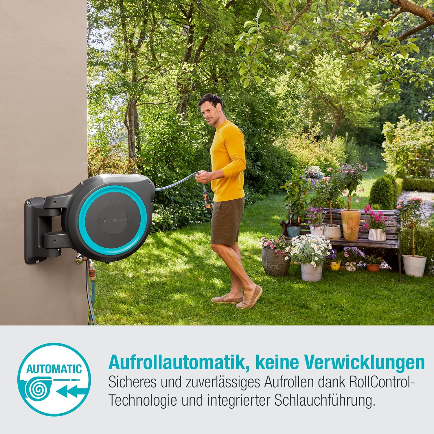 Gardena Wand-Schlauchbox Rollup XL (türkis) 35 m: flexible Bewässerung für große Gärten, Schwenkbare Schlauchbox, inkl. 35 m Gardena Qualitätsschlauch und Montagehilfe (18630-20), Black