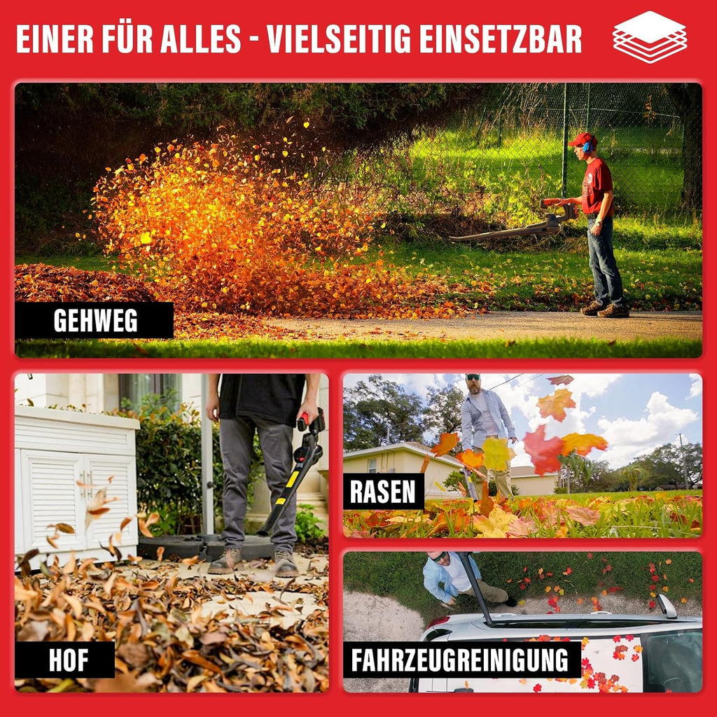 MZK 20 V Leaf Blower Wireless & Ultra Light with 2 x 4.0Ah Batteries and Charger, 210 km/h & 770 m³/h, Red, for Garden, Patio and Yard