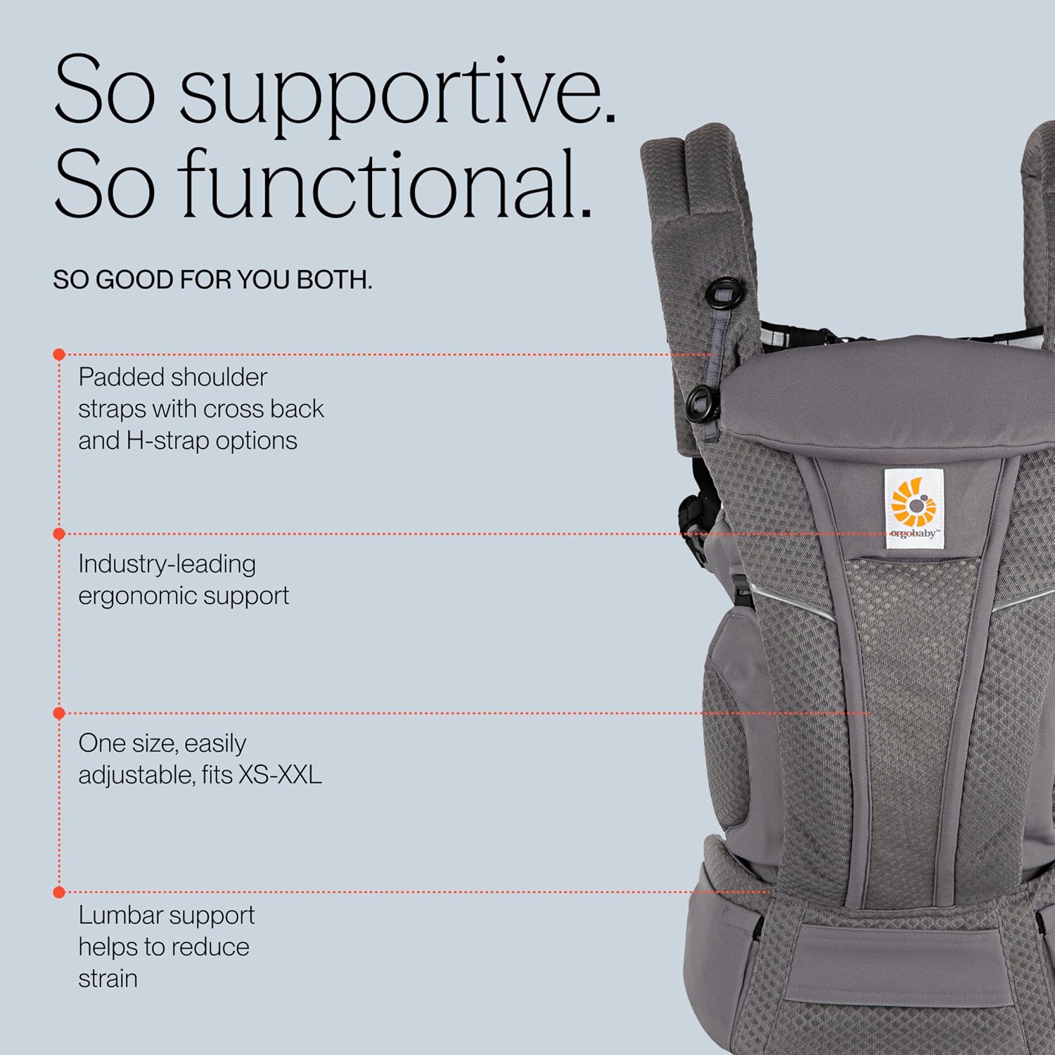 Ergobaby Omni Breeze Babytrage für Neugeborene ab Geburt bis 20kg, 4 Positionen SoftFlex Mesh Ergonomische Babybauchtrage Rückentrage Baby-Tragetasche, Graphite Grey