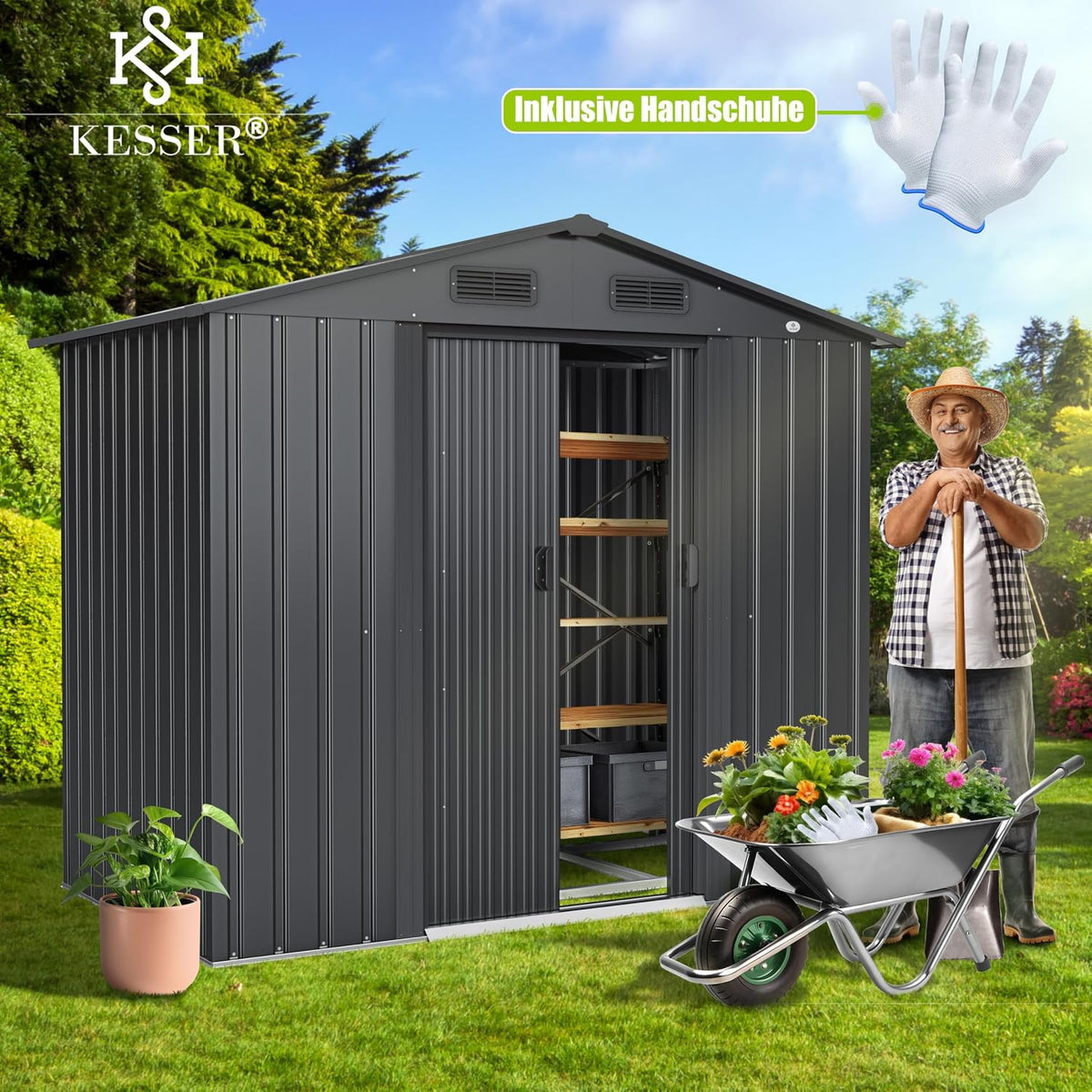 KESSER® XL Metall Gerätehaus 4,2m³ mit Fundament | Inkl. Arbeitshandschuhe | 195x131x186cm | 2X Schiebetür & Fundament | Geräteschuppen | Gartenhaus Schrank | Satteldachdach Garten Schuppen Anthrazit