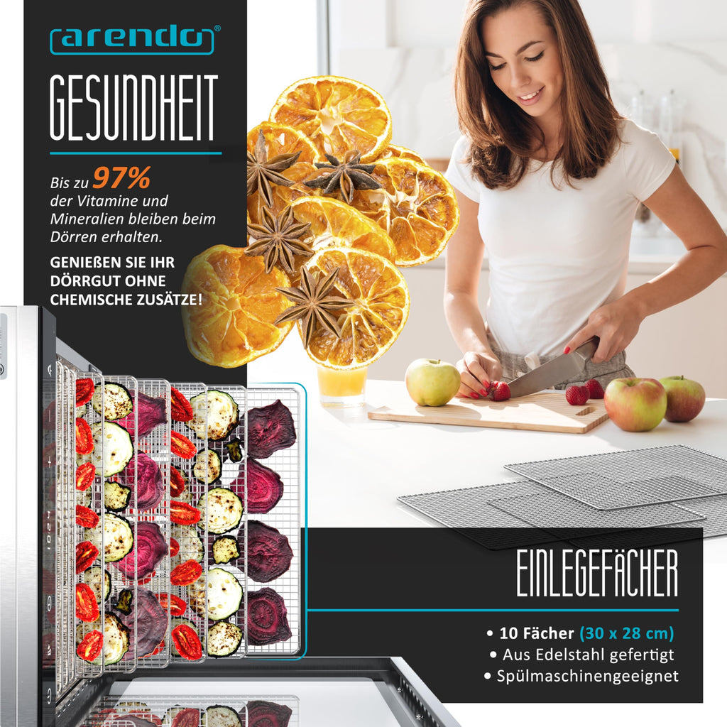 Arendo - Stainless steel dehydrator 8-fold - 500 watts with temperature control - dehydrator for food meat fruits fruit mushrooms - timer up to 24 hours - 8 compartments - GS - dehydratoro