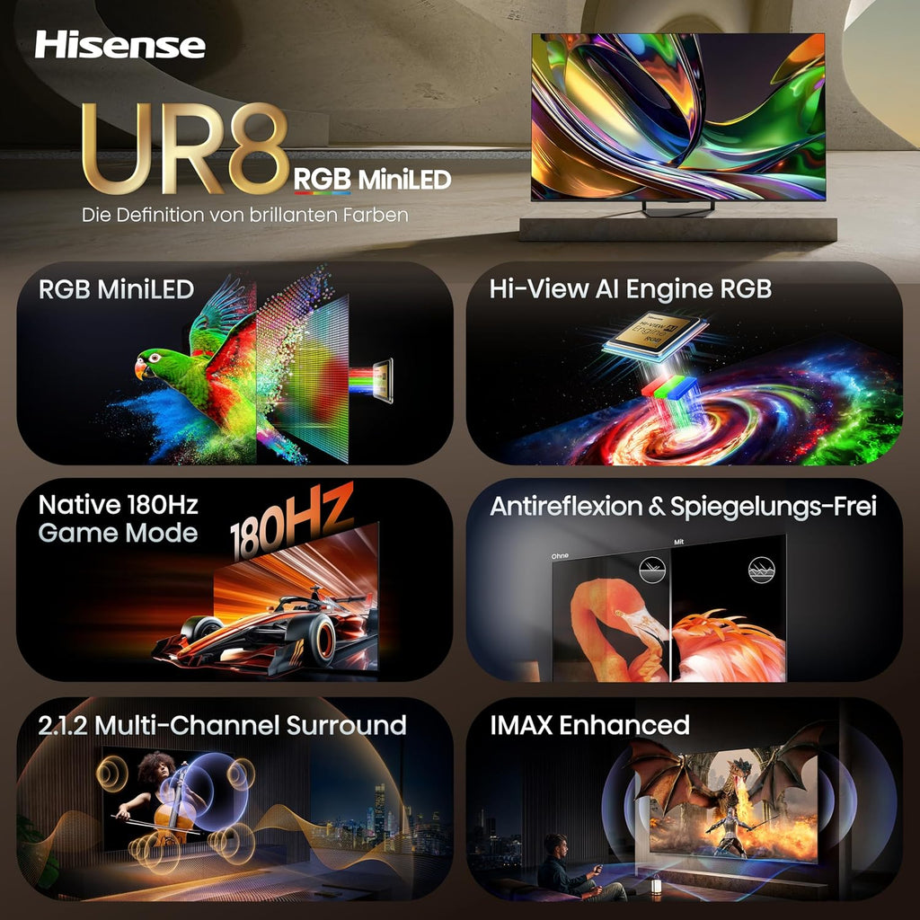 Hisense 65UR8DS Fernseher 65 Zoll, 4K UHD, RGB Mini LED, Smart TV, 180Hz, Hi-View AI Engine RGB, Dolby Vision.Atmos, AI RGB Lichtsensor, AI 4K Upscaler, AMD FreeSync Premium Pro, Tuned by Devialet