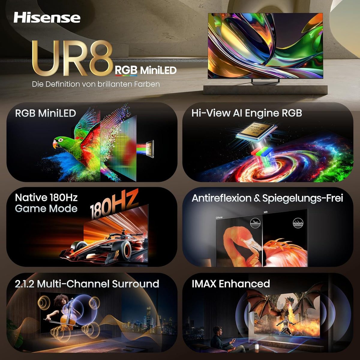 Hisense 65UR8DS Fernseher 65 Zoll, 4K UHD, RGB Mini LED, Smart TV, 180Hz, Hi-View AI Engine RGB, Dolby Vision.Atmos, AI RGB Lichtsensor, AI 4K Upscaler, AMD FreeSync Premium Pro, Tuned by Devialet
