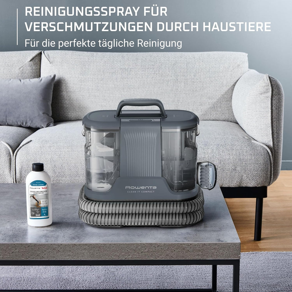 Rowenta Clean It Fleckenreiniger, tragbarer Multi-Reinigungs-Teppichreiniger, kompaktes Design, ideal für Haustierschmutz, 400 Watt, 1,5-Liter-Frischwassertank, Grau, IN3011F0