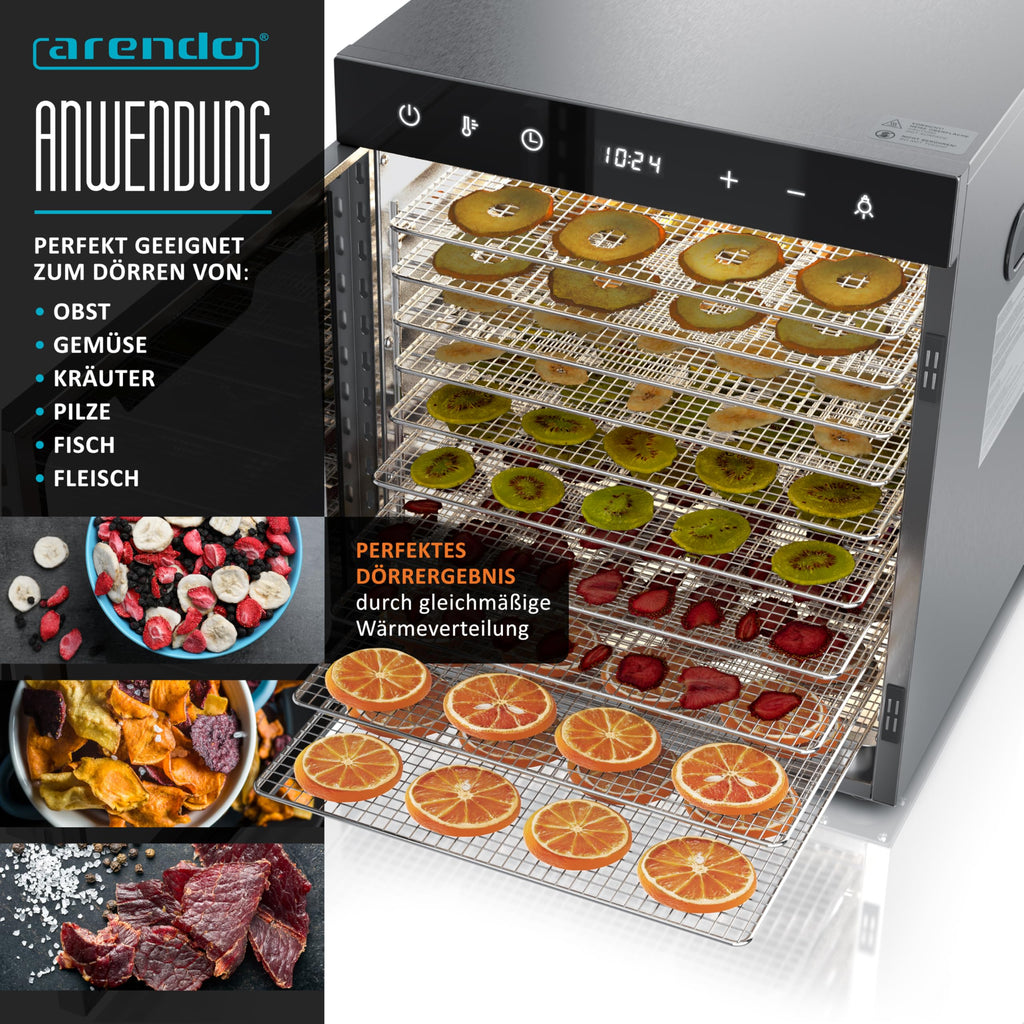 Arendo - Stainless steel dehydrator 8-fold - 500 watts with temperature control - dehydrator for food meat fruits fruit mushrooms - timer up to 24 hours - 8 compartments - GS - dehydratoro