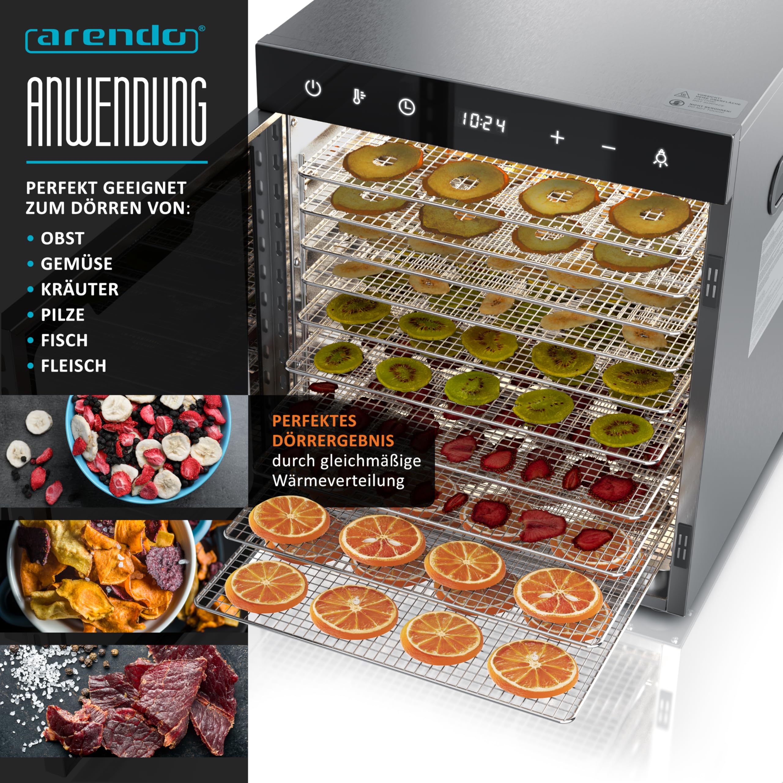 Arendo - Stainless steel dehydrator 8-fold - 500 watts with temperature control - dehydrator for food meat fruits fruit mushrooms - timer up to 24 hours - 8 compartments - GS - dehydratoro