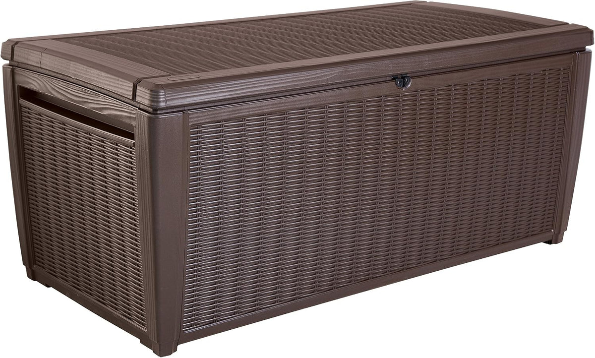 Keter Sumatra Auflagenbox, Kissenbox für draußen, 511 L, wetterfest, Deckel mit Gasdruckfeder, Außenmaße:145x73x64 cm, Sitzgelegenheit für 2 Personen, Braun