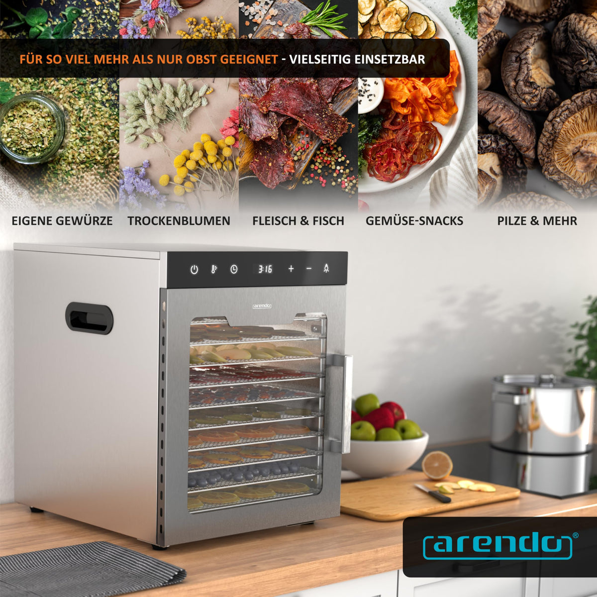 Arendo - Stainless steel dehydrator 8-fold - 500 watts with temperature control - dehydrator for food meat fruits fruit mushrooms - timer up to 24 hours - 8 compartments - GS - dehydratoro