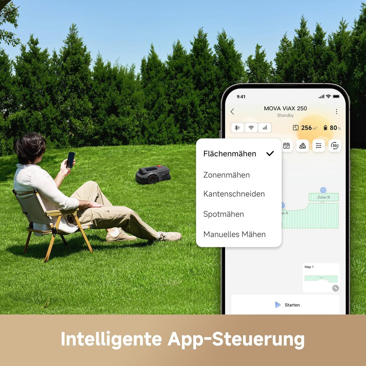 MOVA ViAX 250 Mähroboter mit Garage, Empf. 250m², KI-unterstützte Mapping, U-förmige Bahnen, Hindernisvermeidung Dual-Vision, Besserer Kantenschnitt, Für Komplexe Gelände, Appsteuerung