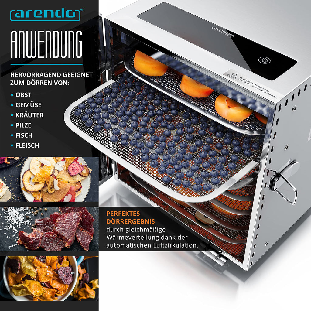 Arendo - Stainless steel dehydrator 8-fold - 500 watts with temperature control - dehydrator for food meat fruits fruit mushrooms - timer up to 24 hours - 8 compartments - GS - dehydratoro