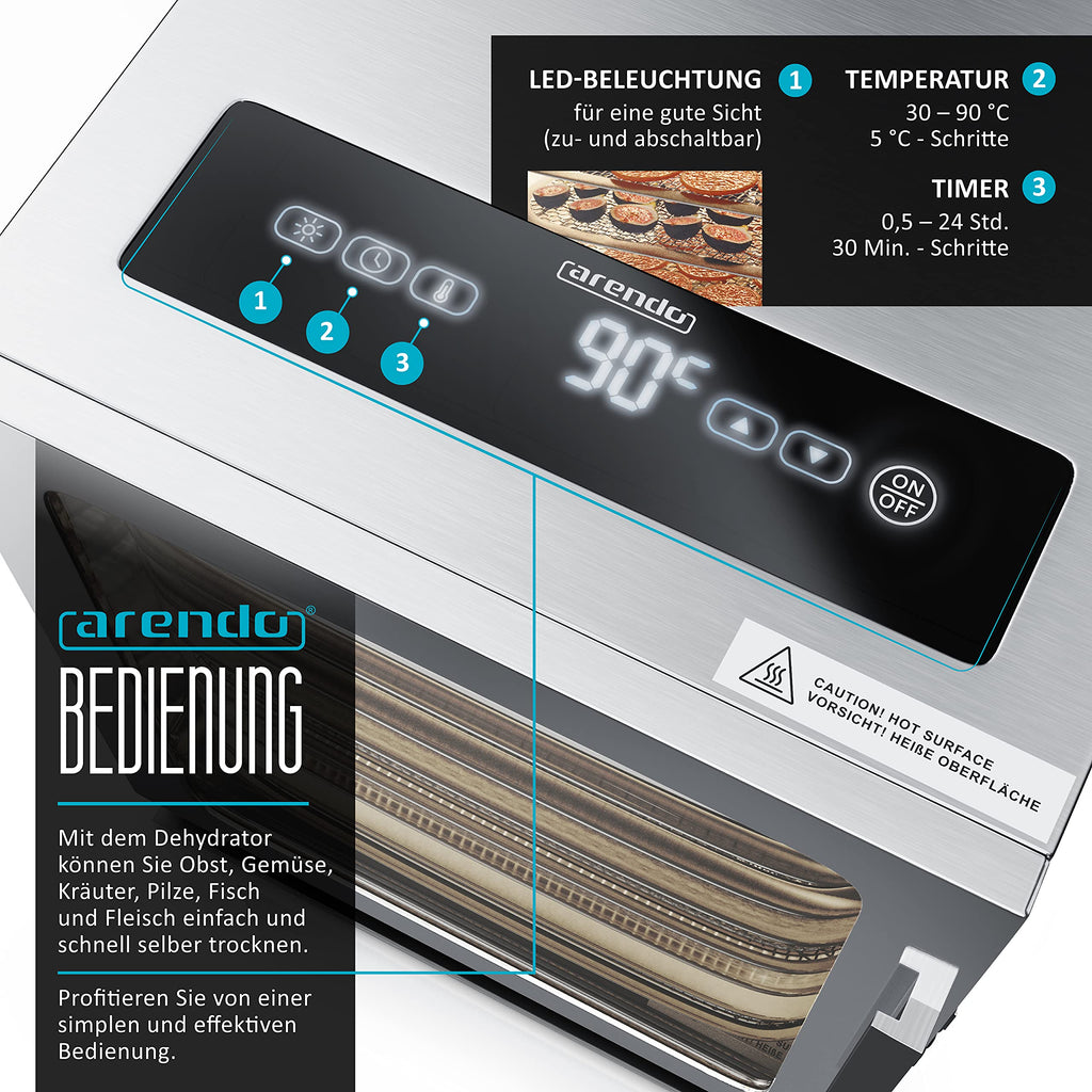 Arendo - Stainless steel dehydrator 8-fold - 500 watts with temperature control - dehydrator for food meat fruits fruit mushrooms - timer up to 24 hours - 8 compartments - GS - dehydratoro