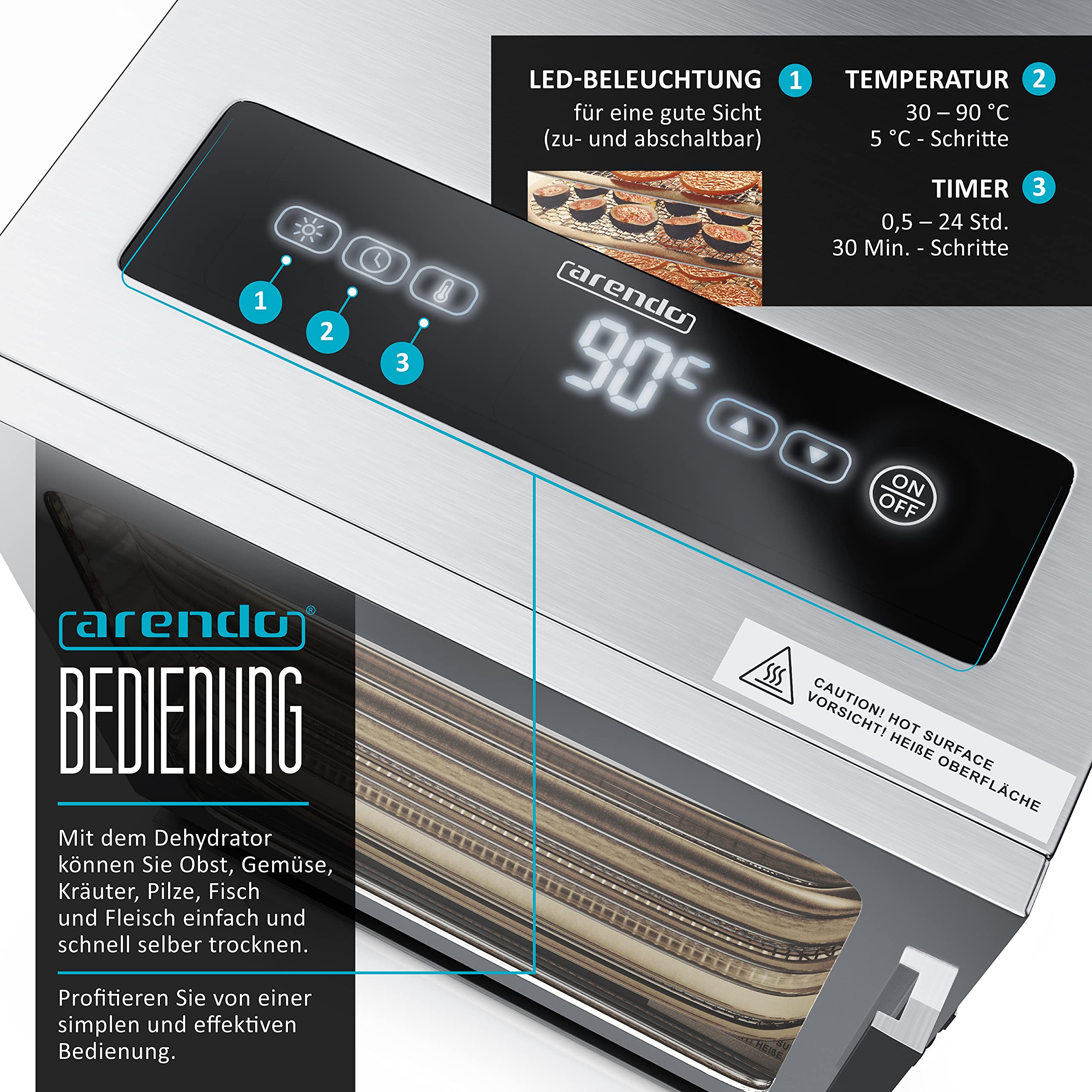 Arendo - Stainless steel dehydrator 8-fold - 500 watts with temperature control - dehydrator for food meat fruits fruit mushrooms - timer up to 24 hours - 8 compartments - GS - dehydratoro