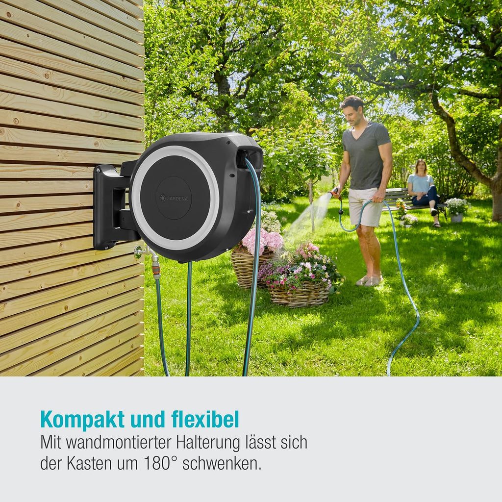 Gardena Wand-Schlauchbox RollUp XL 35 m Exklusiv für Amazon: flexible Bewässerung für große Gärten, Schwenkbare Schlauchbox, inkl. 35 m Qualitätsschlauch mit Brause & Reinigungsspritze (18632-60)