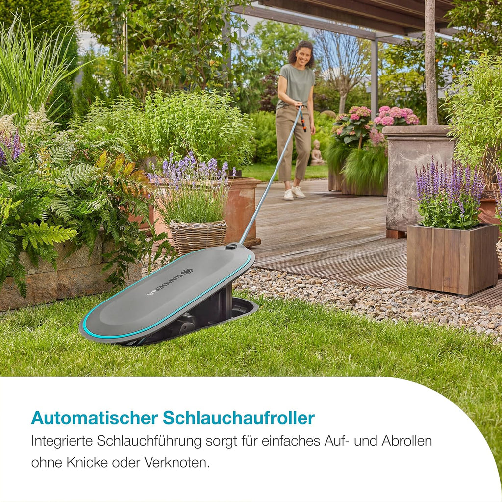 Gardena Undercover Schlauchbox RollUp M, 20 m Schlauch, diskrete unterirdische Installation, automatische Aufrollfunktion, wetterfest, flexible Anschlussmöglichkeiten (18650-20)