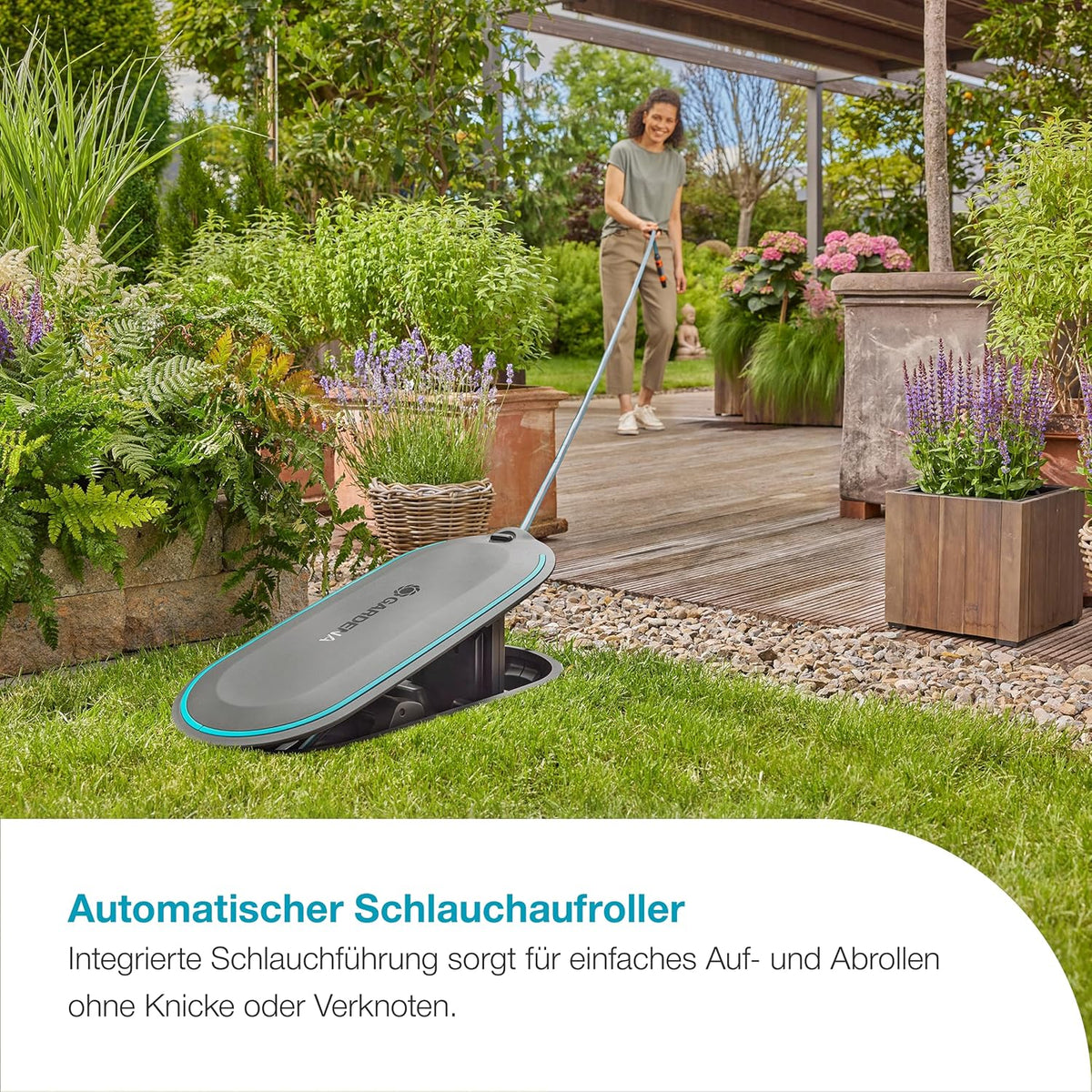 Gardena Undercover Schlauchbox RollUp M, 20 m Schlauch, diskrete unterirdische Installation, automatische Aufrollfunktion, wetterfest, flexible Anschlussmöglichkeiten (18650-20)