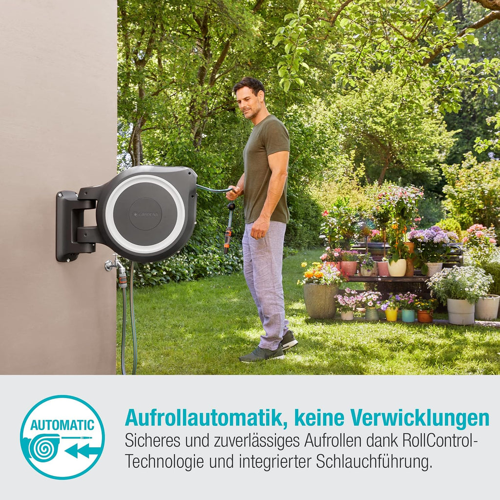 Gardena Wand-Schlauchbox RollUp XL 35 m Exklusiv für Amazon: flexible Bewässerung für große Gärten, Schwenkbare Schlauchbox, inkl. 35 m Qualitätsschlauch mit Brause & Reinigungsspritze (18632-60)