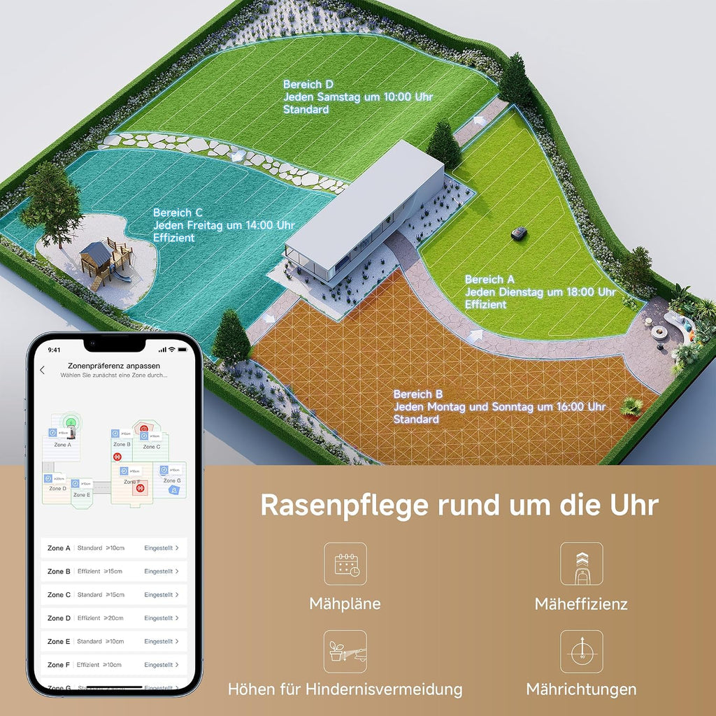 MOVA 1000, Mähroboter 360° 3D LiDAR kabellose Einrichtung & genaue Kartierung bis 1000 m², Mähroboter ohne Begrenzungskabel, Smarte Hindernisvermeidung, Verbesserte Geländeräder, U-förmiges Schneiden