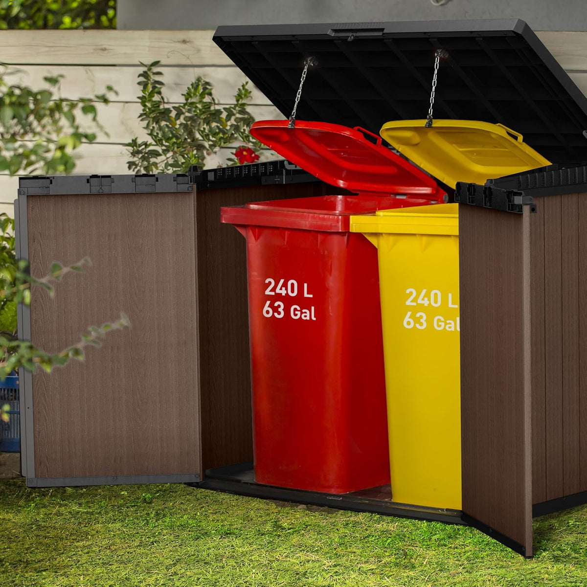 KETER Store-It-Out Darwin Mülltonnenbox, 1150L Gartenbox mit Holz-Look, Aufbewahrungsschrank für 2X 240L Mülltonnen, abschließbar, wetterbeständig, braun, 141x82x120 cm