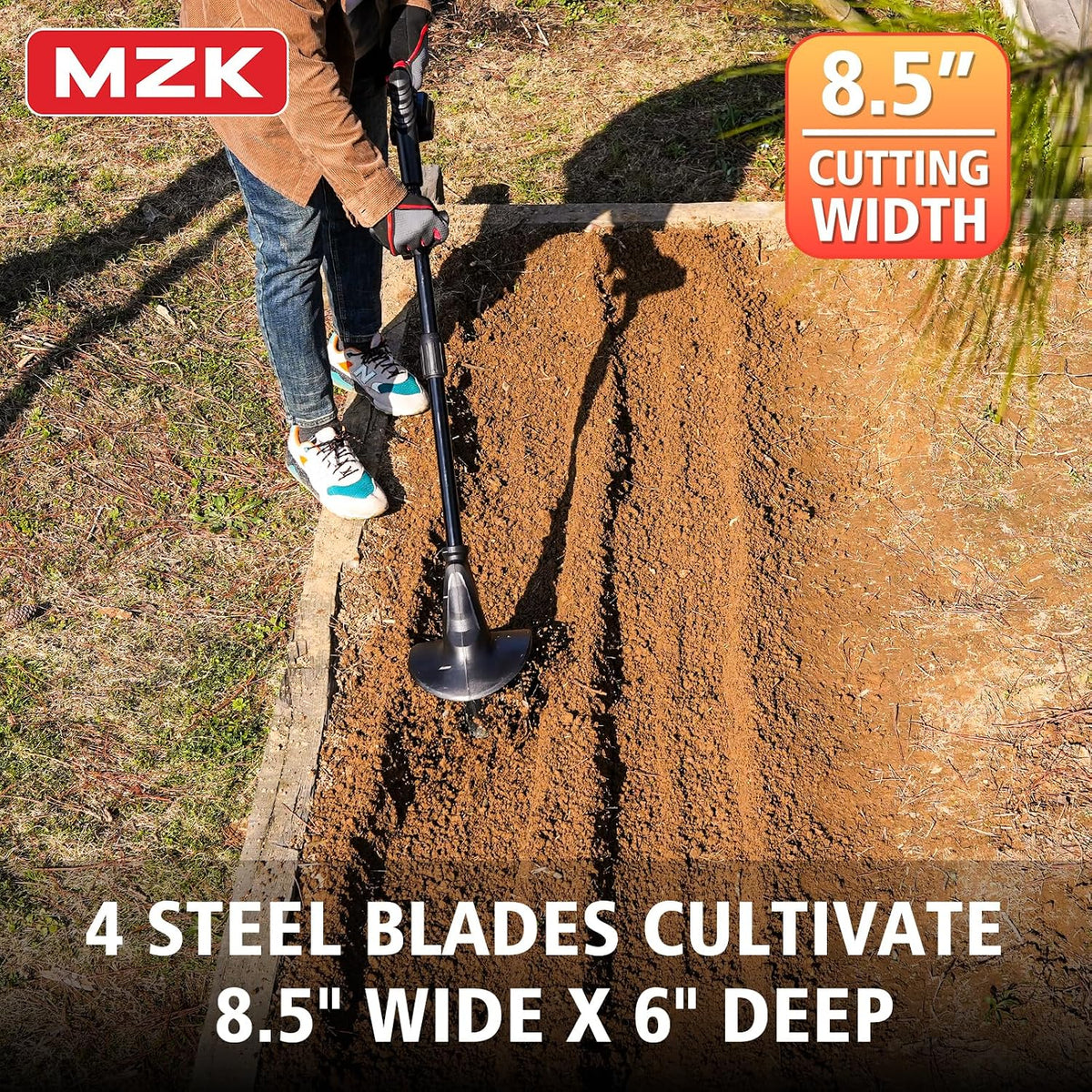 MZK 20 V Cordless Ground Tiller, 19 cm Working Width, 360 rpm, Cordless Garden Tiller with 24 Steel Tines for Lawn, Garden & Tillage