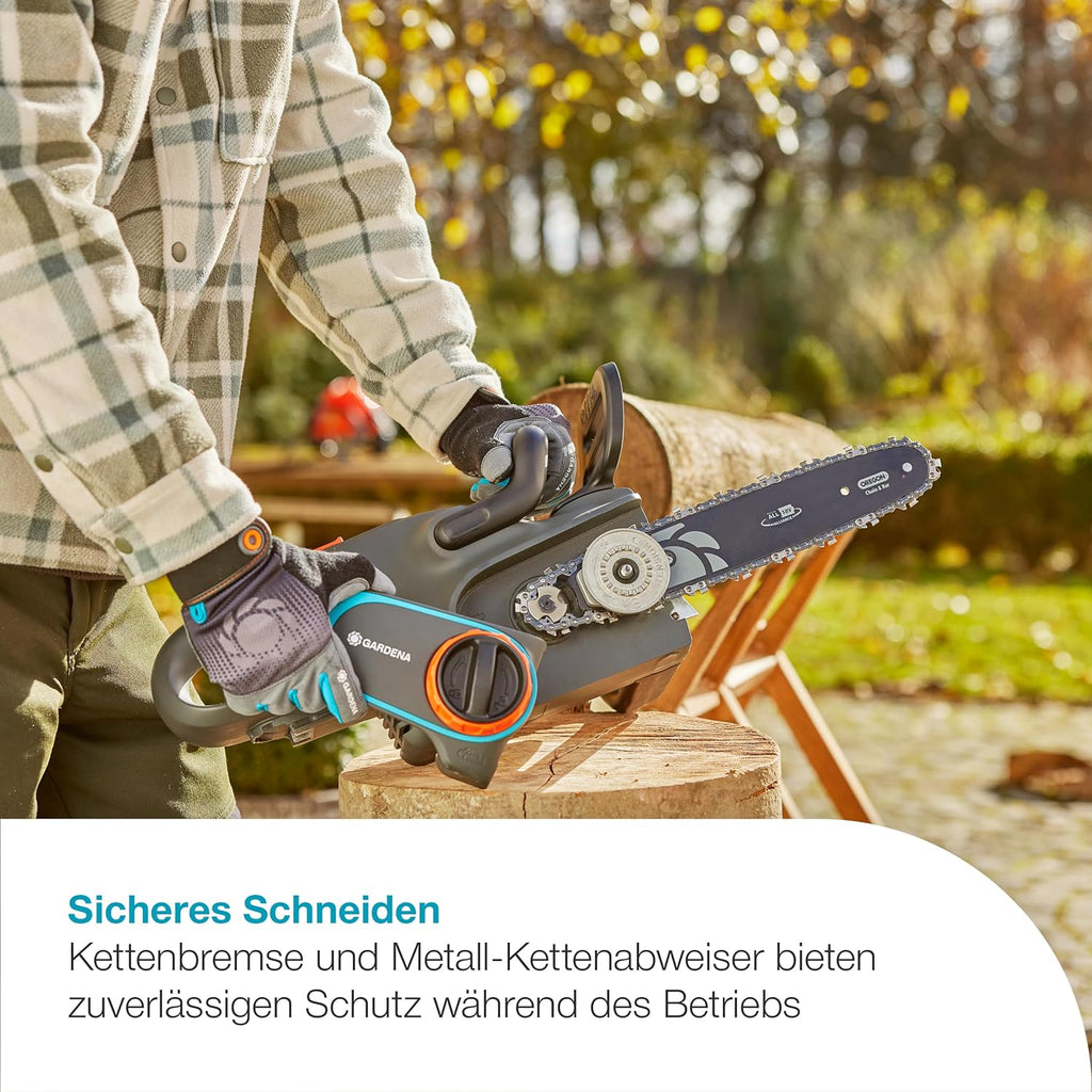 Gardena Akku-Kettensäge PowerSaw 250/18V P4A Ready-To-Use Set: Oregon Kette, Ergonomisch, Geräuscharm, Kettenbremse, Kabellos (14790-20)