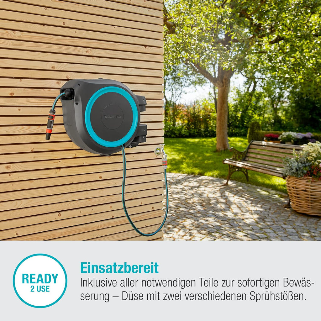 Gardena Wand-Schlauchbox Rollup XL (türkis) 35 m: flexible Bewässerung für große Gärten, Schwenkbare Schlauchbox, inkl. 35 m Gardena Qualitätsschlauch und Montagehilfe (18630-20), Black