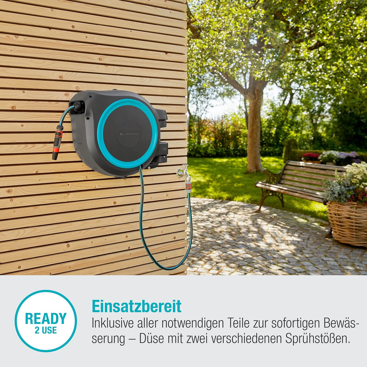 Gardena Wand-Schlauchbox Rollup XL (türkis) 35 m: flexible Bewässerung für große Gärten, Schwenkbare Schlauchbox, inkl. 35 m Gardena Qualitätsschlauch und Montagehilfe (18630-20), Black