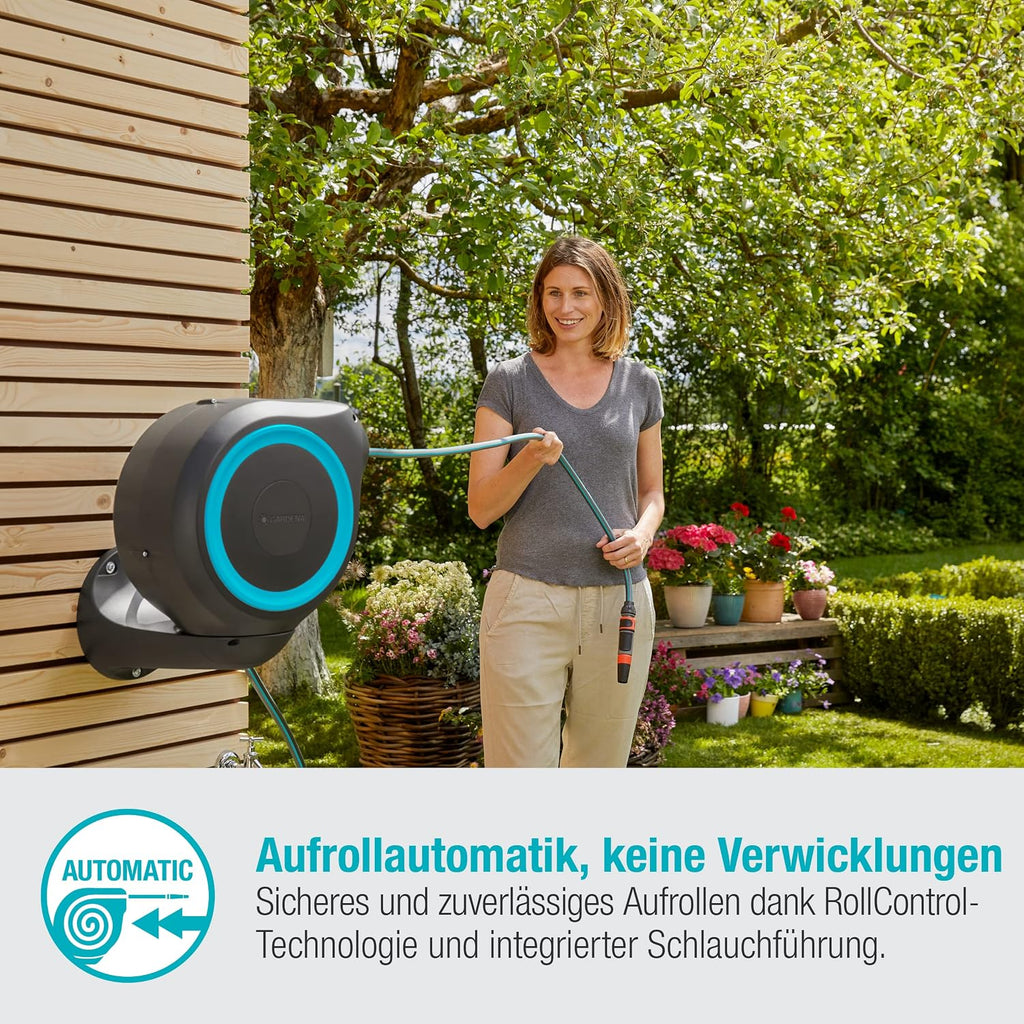 Gardena Wand-Schlauchbox RollUp S (türkis) 15 m: Flexible Bewässerung für kleine Gärten, schwenkbare Trommel, mit Wandhalterung, Systemteilen und Spritze, inkl. 15 m Gardena Schlauch (18600-20)