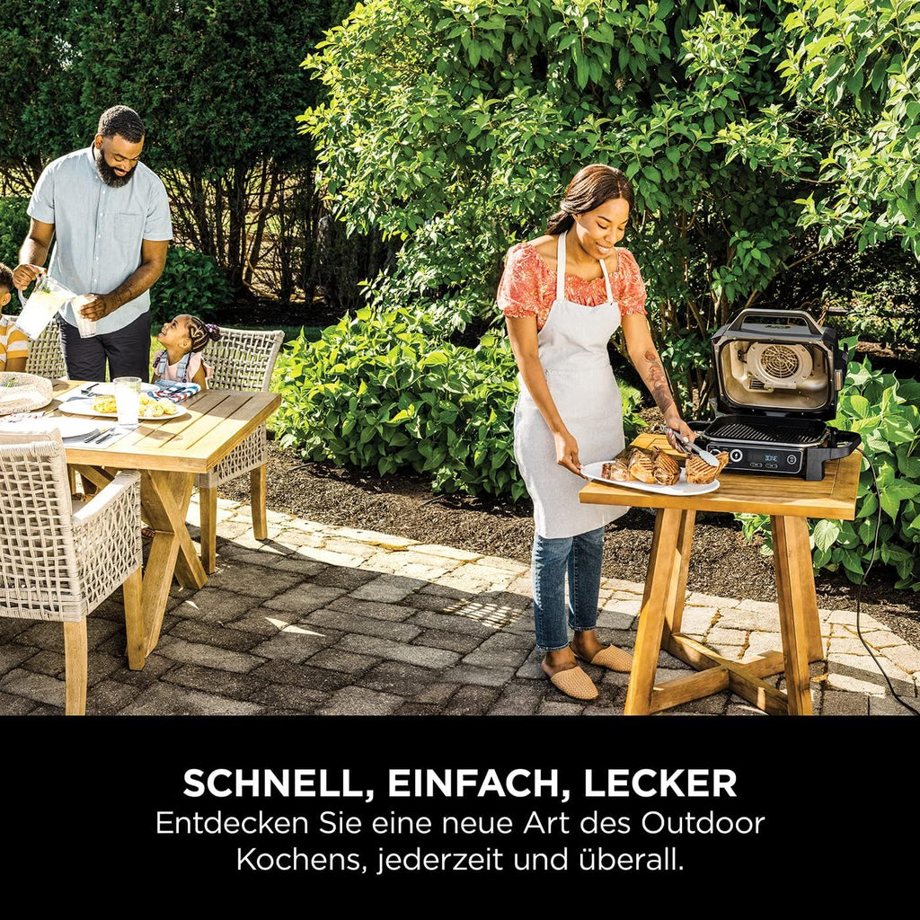Ninja Woodfire Elektrogrill, Camping-Grill mit Smoker-& Heißluftfritteuse, 7-in-1-Outdoor Grill, räuchern, braten, backen, wetterfest, antihaftbeschichtet, tragbar, Grau/Schwarz OG701EU