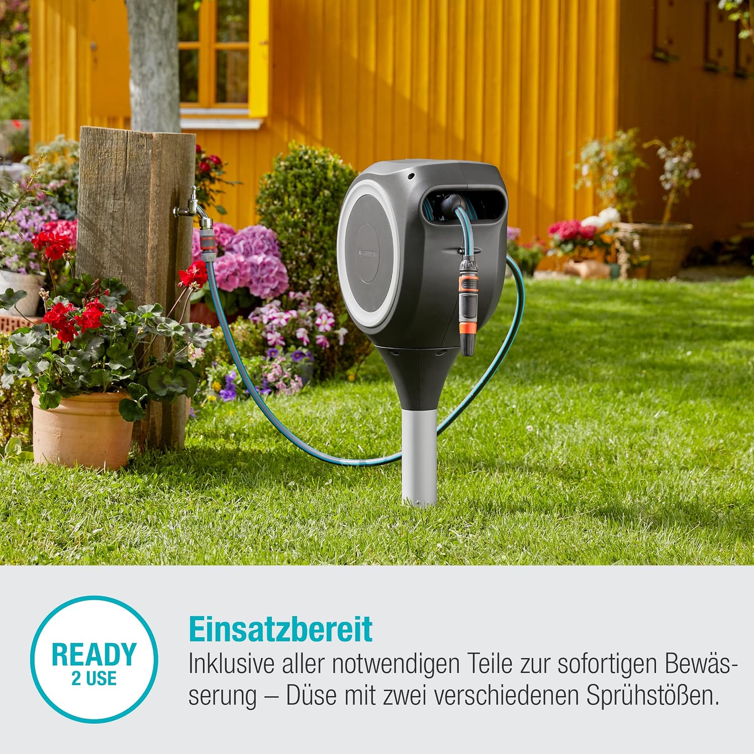 Gardena Garten - und Terrassen-Schlauchbox RollUp M: Wetterfeste Box mit RollUp-Technologie und 20 m Schlauch, Bewässerung von mittelgroßen Gärten mit Terrasse, automatisches Aufrollen (18615-20)