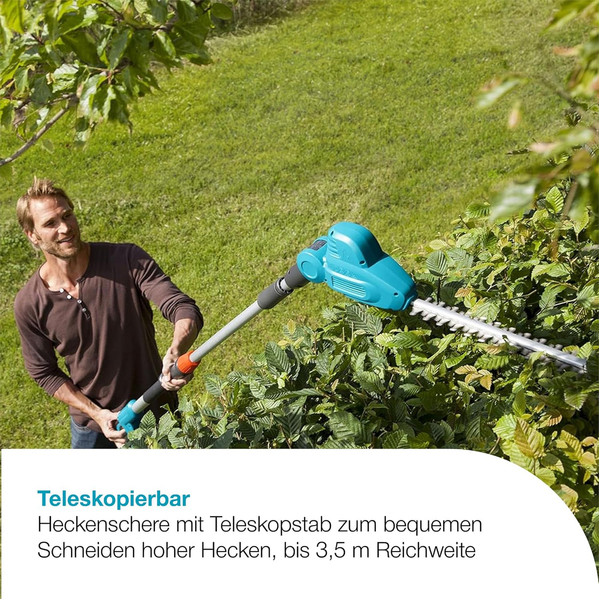 Gardena Teleskop-Heckenschere THS 500/48: Heckenschere mit 500 W, 3,5 m Reichweite, abwinkelbarer Kopf und Teleskopstiel, 48 cm Messerlänge, ergonomischer Griff und Anschlagschutz, (8883-20)