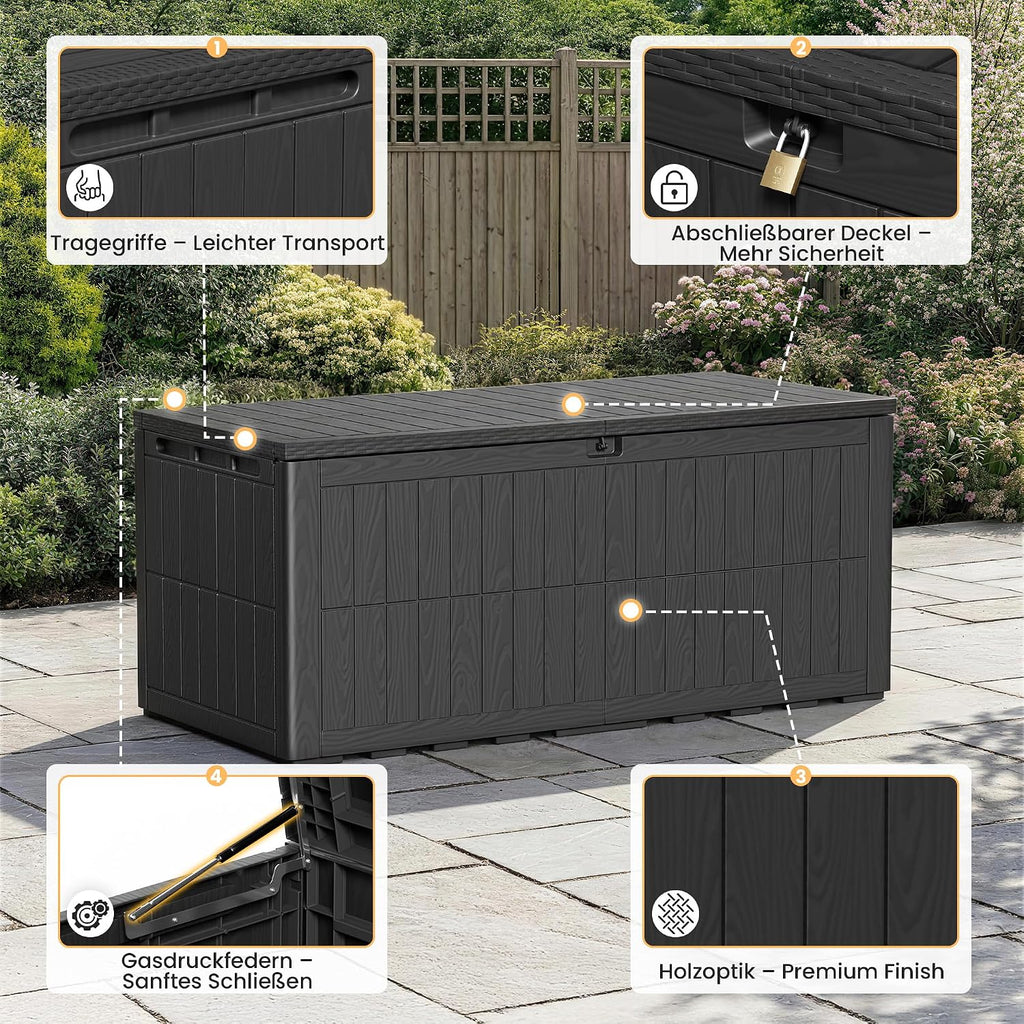 Amopatio Auflagenbox 680 Liter, Gartenbox XXL Wasserdicht aus Resin, Kissenbox für Balkon, Garten & Terrasse, Aufbewahrungsbox Wetterfeste mit Gasdruckfeder, Schwarz