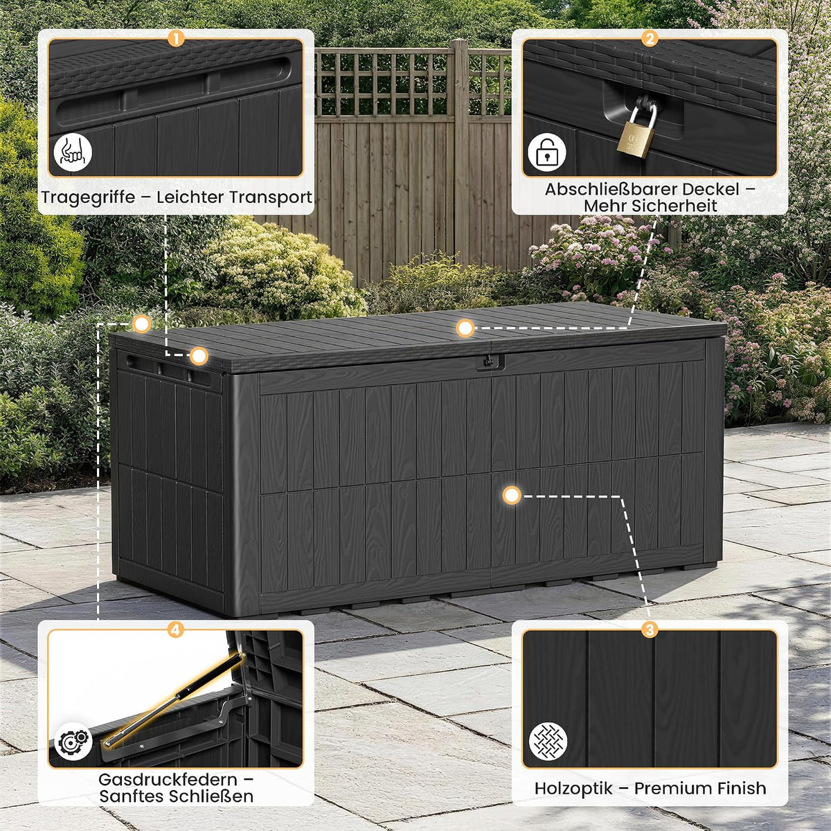 Amopatio Auflagenbox 680 Liter, Gartenbox XXL Wasserdicht aus Resin, Kissenbox für Balkon, Garten & Terrasse, Aufbewahrungsbox Wetterfeste mit Gasdruckfeder, Schwarz