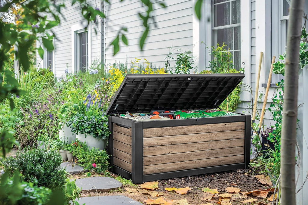 Keter Auflagenbox/Kissenbox 623 Liter l 157x72x69 cm l 100% Wasserdicht l mit Belüftung dadurch kein übler Geruch/Schimmel l Moderne Holzoptik l Deckel belastbar bis 250 KG Modell 2027