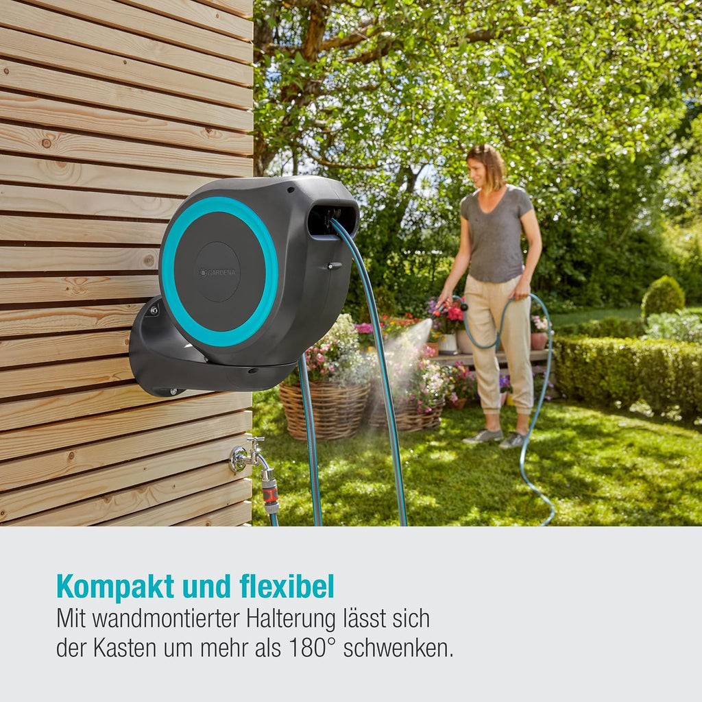 Gardena Wand-Schlauchbox RollUp S (türkis) 15 m: Flexible Bewässerung für kleine Gärten, schwenkbare Trommel, mit Wandhalterung, Systemteilen und Spritze, inkl. 15 m Gardena Schlauch (18600-20)