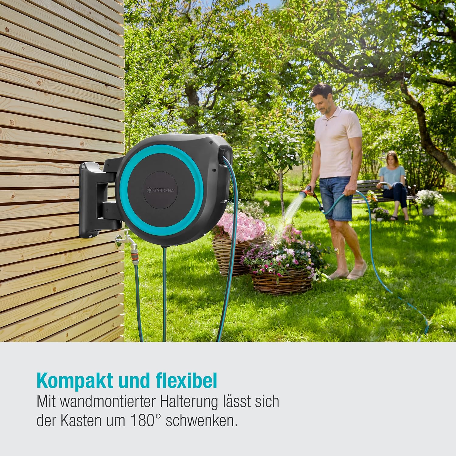 Gardena Wand-Schlauchbox Rollup XL (türkis) 35 m: flexible Bewässerung für große Gärten, Schwenkbare Schlauchbox, inkl. 35 m Gardena Qualitätsschlauch und Montagehilfe (18630-20), Black