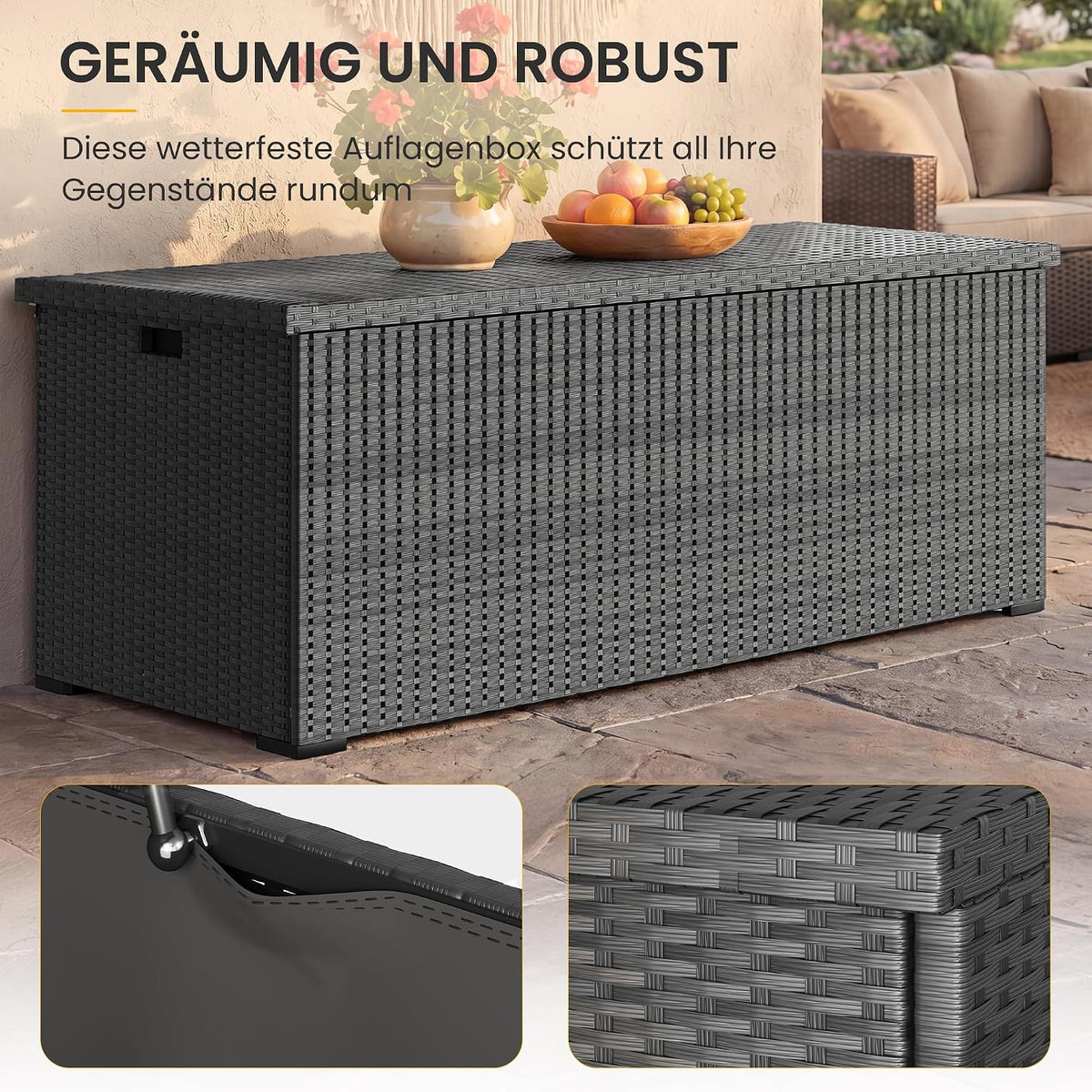 UDPATIO Gartenbox Wasserdicht 870L, Aufbewahrungsbox Garten XXXL, Auflagenbox Wetterfest, Kissenbox Outdoor mit Deckel, Gasdruckfedern, ideal für Garten, Terrasse & Balkon | Grau
