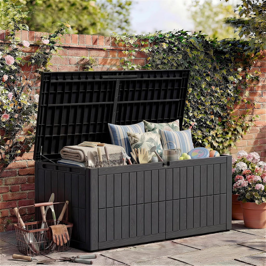 Amopatio Auflagenbox 680 Liter, Gartenbox XXL Wasserdicht aus Resin, Kissenbox für Balkon, Garten & Terrasse, Aufbewahrungsbox Wetterfeste mit Gasdruckfeder, Schwarz