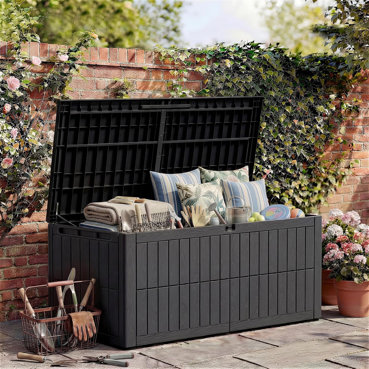 Amopatio Auflagenbox 680 Liter, Gartenbox XXL Wasserdicht aus Resin, Kissenbox für Balkon, Garten & Terrasse, Aufbewahrungsbox Wetterfeste mit Gasdruckfeder, Schwarz