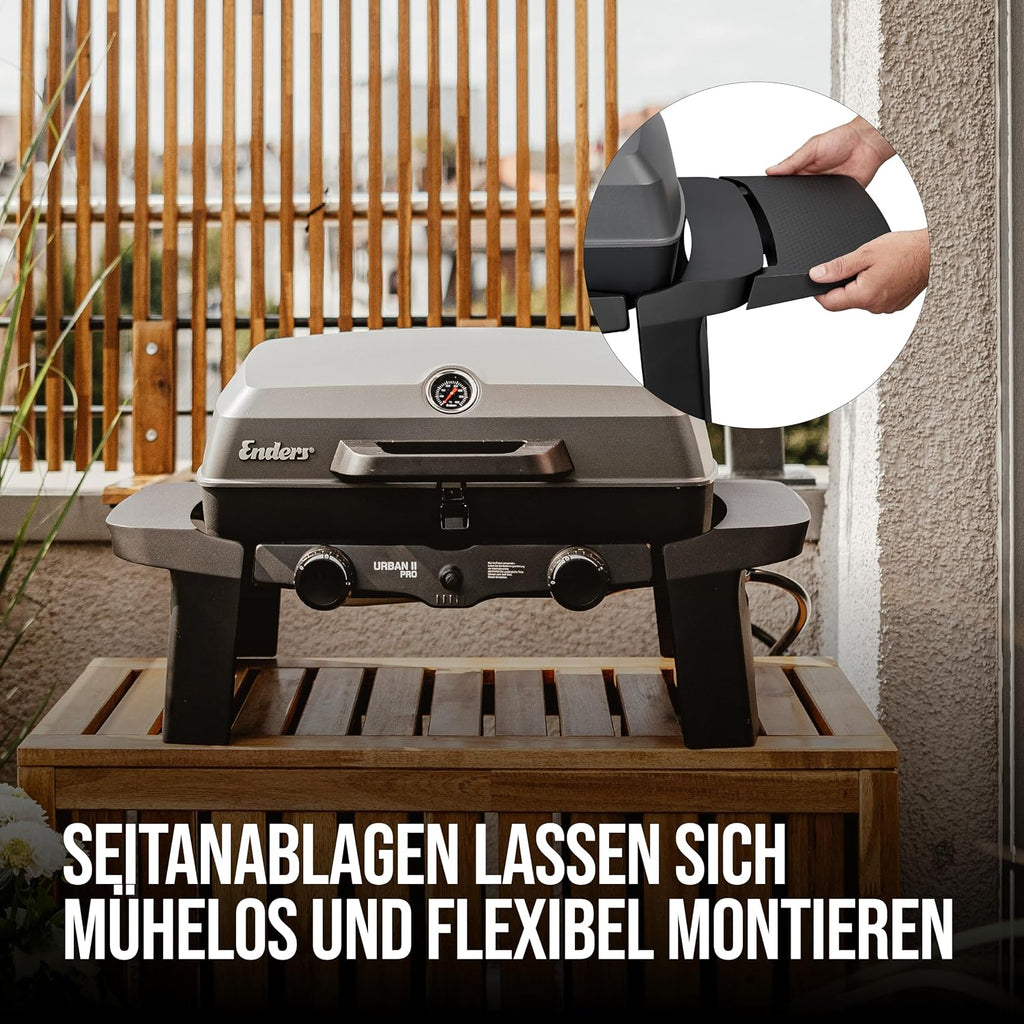 Enders® Gasgrill Urban II Pro, Tischgrill, Grillen-, Kochen- und Backen Funktion, 2 Brenner Edelstahl, mit Grill-Thermometer, Balkon-, Camping-Grill, Aluguss-Gehäuse, Gusseisen-Rost, #2062