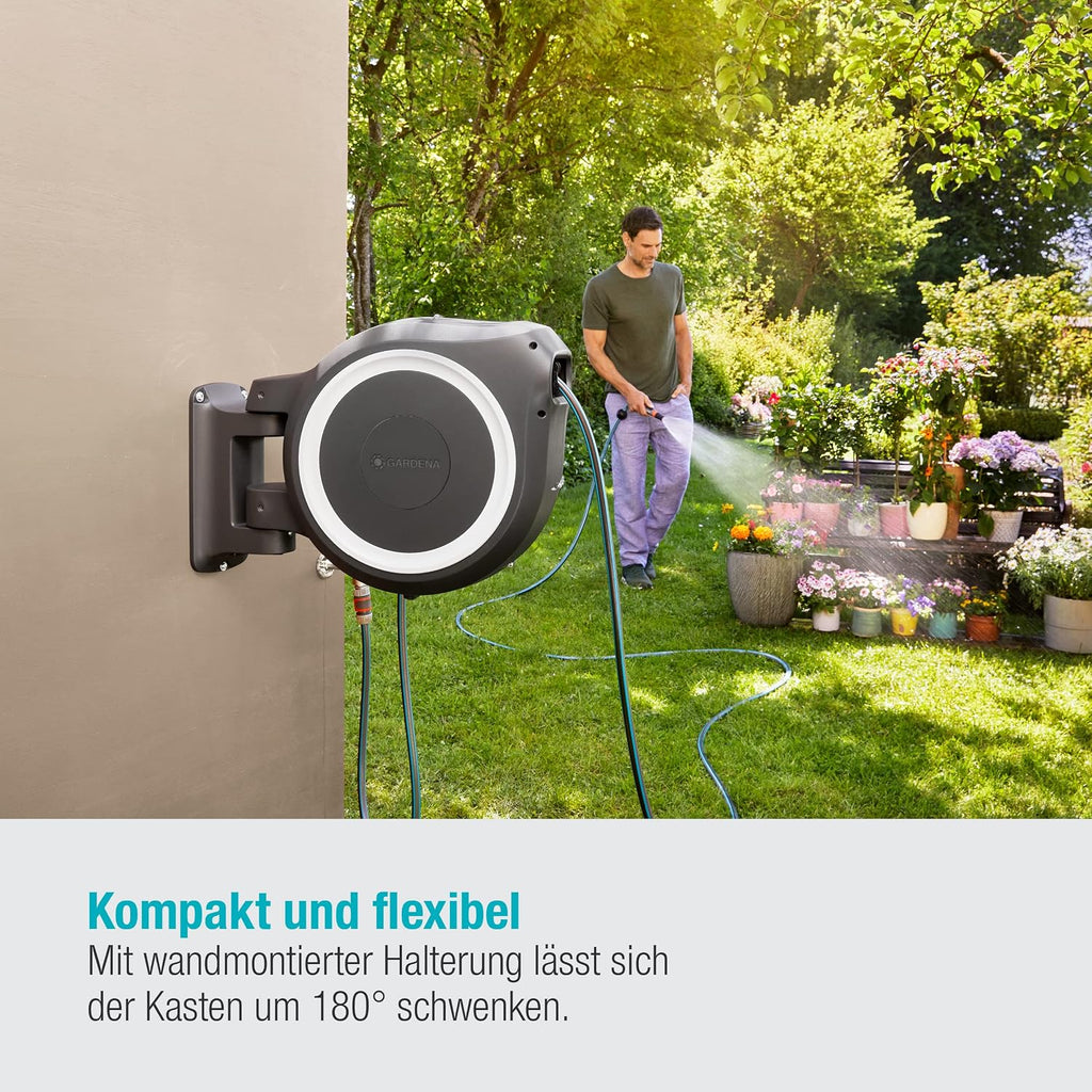 Gardena Wand-Schlauchbox RollUp M/L (weiß) 25 m: flexible Bewässerung für mittelgroße bis große Gärten, Schwenkbare Schlauchbox, inkl. 25 m Gardena Qualitätschlauch und Montagehilfe (18622-20)