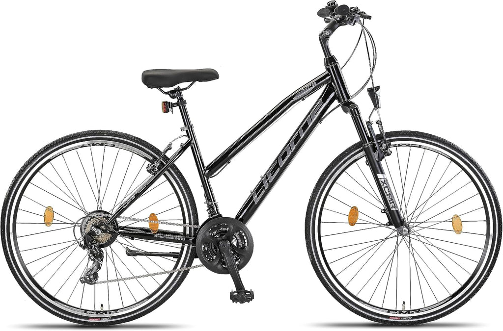 Licorne Bike Premium Trekking Bike in 28 Zoll - Fahrrad für Jungen, Mädchen, Damen und Herren - Shimano 21 Gang-Schaltung - Mountainbike - Crossbike - Life-L-V - Schwarz/Grau